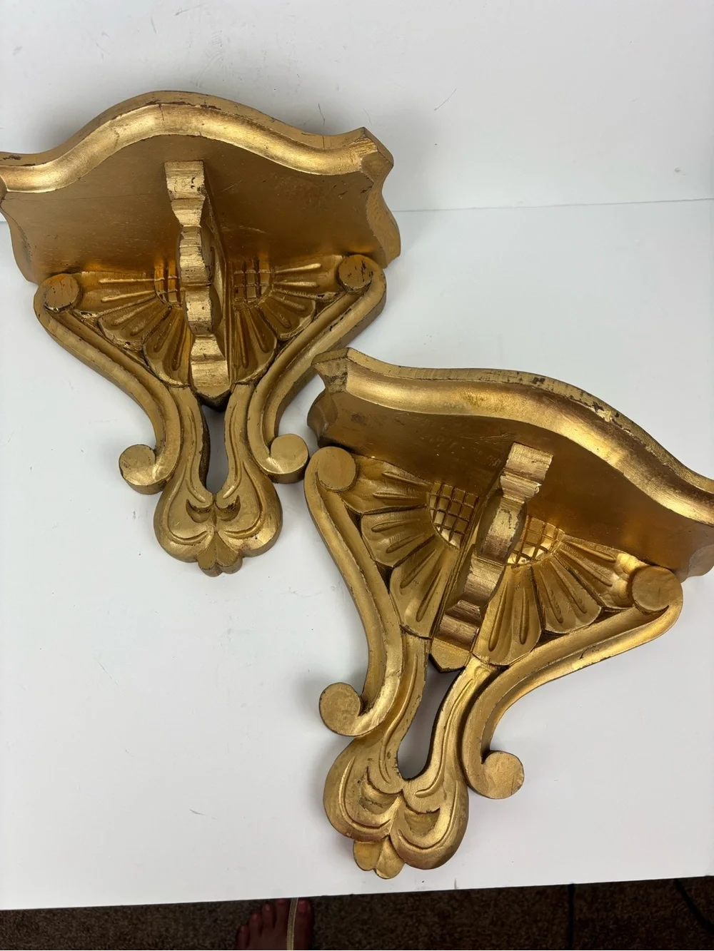 Vintage Wood Wall Bracket Shelf Pair (2) Ornate Carved-Painted Gold